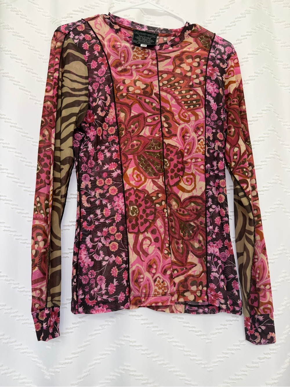 Johnny Was Pink Brown Floral Paisley Mesh Long Sleeve Top